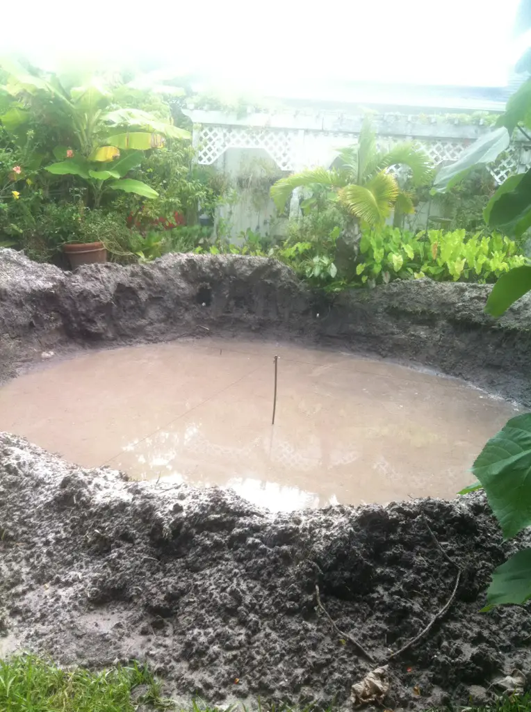Hole dug for an above ground swimming pool with ground water