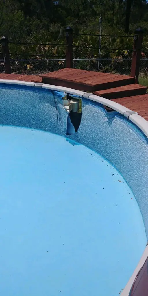 Above ground pool skimmer torn from the wall