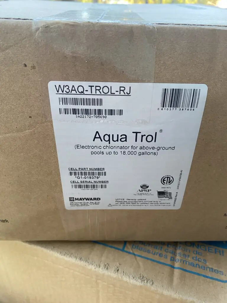 Label on the box of a brand new Hayward Aqua Trol salt chlorine generator for an above ground pool